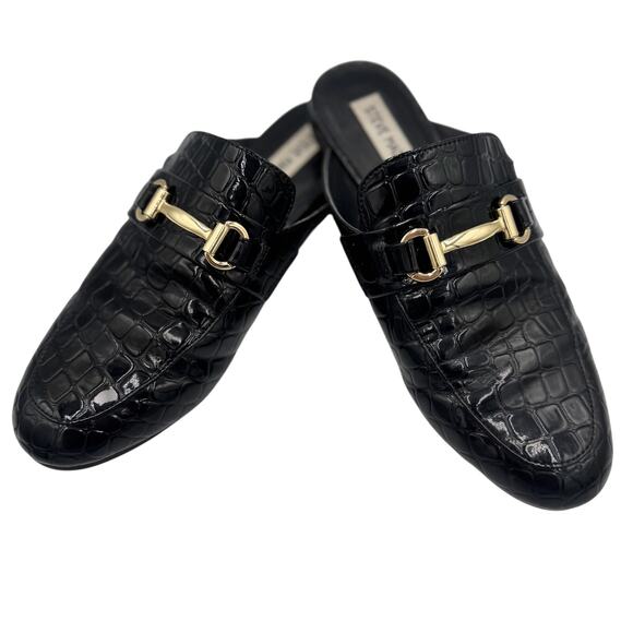 Steve Madden Shoes - Steve Madden Royals Black Croc Embossed Horsebit Loafer Mule Slide Flat Gold 8